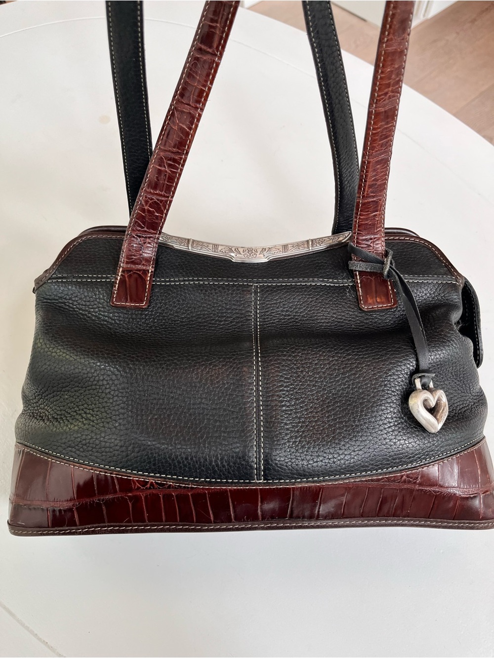 Black and Brown Leather Tote Bag with Heart Charm